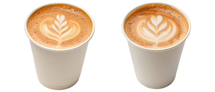 Two disposable coffee cups with latte art isolated with transparent background - Powered by Adobe