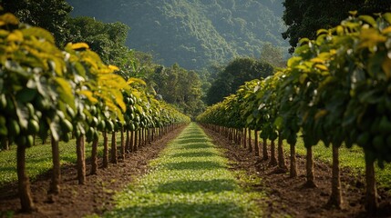 Obraz premium Lush green orchard with rows of fruit trees against mountainous background