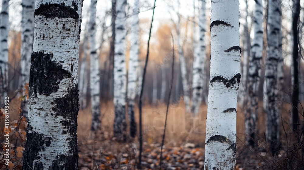 Poster Serene Birch Tree Forest With White Bark Amidst Subtle Autumn Scenery : Generative AI