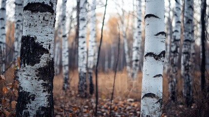 Obraz premium Serene Birch Tree Forest With White Bark Amidst Subtle Autumn Scenery : Generative AI