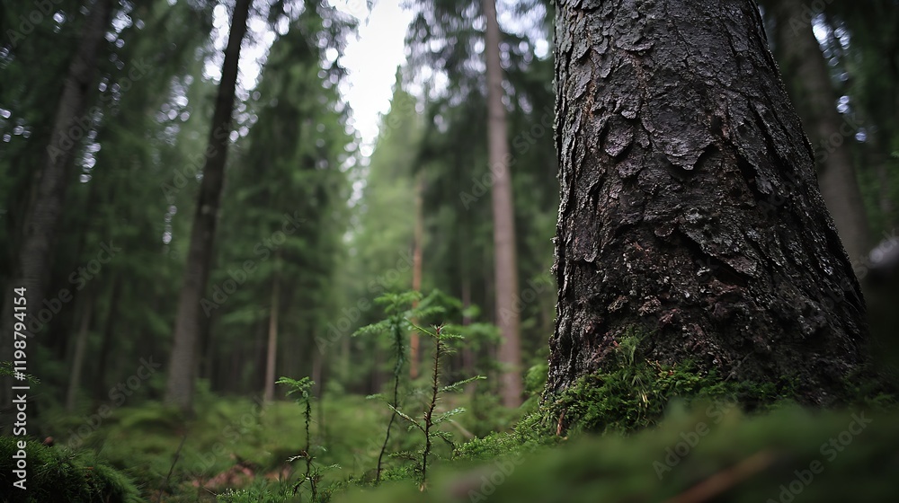 Aufkleber Close-up of moss-covered tree bark in lush forest setting enhancing focus on natural textures and details : Generative AI