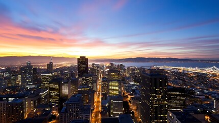 Panoramic Evening View of San Francisco Skyline Overlooking Bay Bridge at Dusk : Generative AI