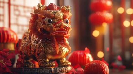 Fototapeta premium Golden Chinese Guardian Lion Figurine Festive Decoration for Lunar New Year