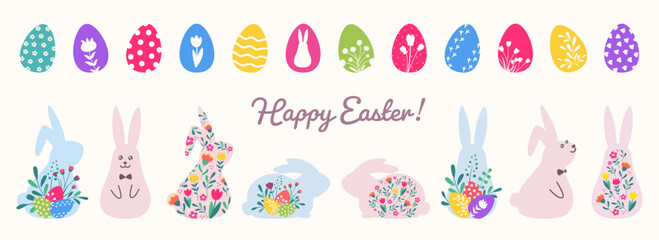 Easter eggs and bunny set. Cute decoration with spring flower for banner, card, poster. Bright floral pattern. Vector illustration.