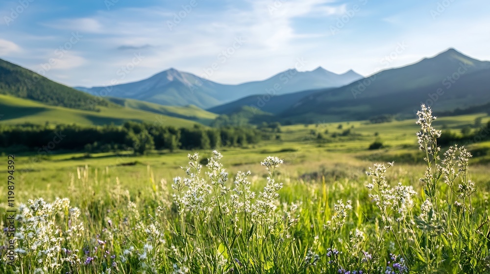 Poster scenic view of lush green valley with flowers and distant mountain range : generative ai