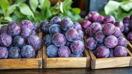 Fototapeta premium Freshly harvested purple plums in wooden crates displayed on market stand