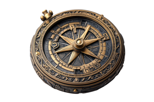 Decorative compass with intricate design lying flat on a surface, showcasing vintage craftsmanship and detailing