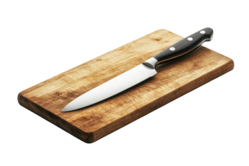 Sharp kitchen knife rests on a wooden cutting board, ready for meal preparation and cooking activities