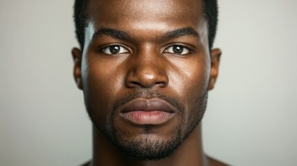 Obraz premium Portrait of young Black man against neutral background. Ideal for authentic representation, personal identity, and modern portraiture.