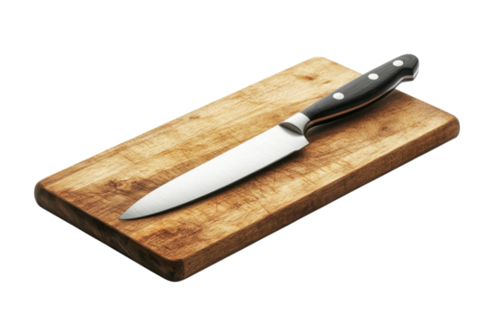 Sharp kitchen knife rests on a wooden cutting board, ready for meal preparation and cooking activities