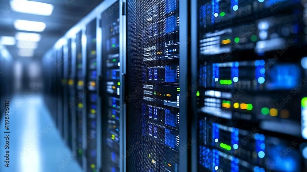 Aufkleber data center server racks with blue led lights in high tech facility : generative ai