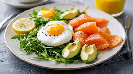 Healthy breakfast poached eggs, salmon, avocado, arugula