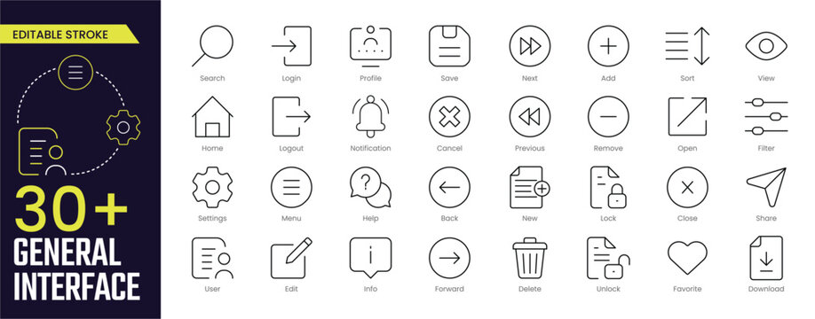 General Interface Stroke icon collections. Containing User Interface, Search, Home, Notification, Profile, Login, Logout, Delete, Lock, and more icons. Editable Stroke icon collection Outline icon