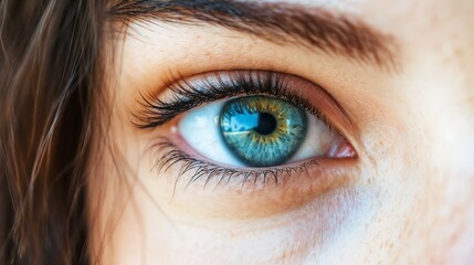 Extreme close-up of blue-green human eye. Perfect for vision care, optometry services, or personal identity concepts.