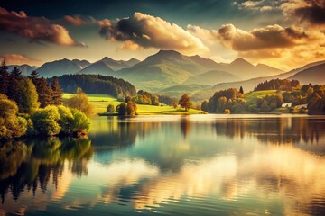 Fototapeta premium Vintage Lake Landscape: Serene Mountain View, Retro Photography