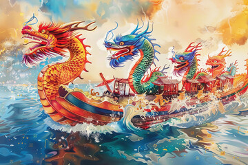 Fototapeta premium Beautiful holiday composition for happy celebrate chinese dragon boat festival, abstract vivid composition consists of fictional unreal fantastic vision on background