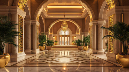 Obraz premium Luxurious Islamic interior with ornate arches, golden lanterns, and potted green plants. Marble floor with intricate patterns in a grand architectural setting
