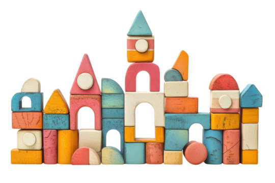 Colorful wooden building blocks create an imaginative cityscape during playtime