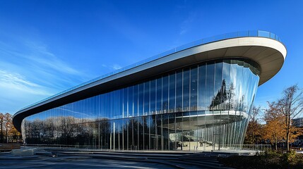 Modern glass building with curved facade, reflecting blue sky.