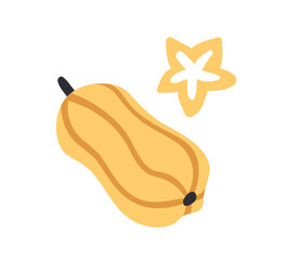 Carambola averrhoa, whole star fruit and cut piece, slice. Exotic tropical healthy vitamin food. Fresh natural starfruit. Summer eating. Flat vector illustration isolated on white background