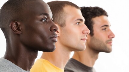 Obraz premium Three young men of different ethnicities in profile. Great for diversity in sports, teamwork, or youth collaboration projects.