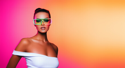 Fototapeta premium Stunning female model in vibrant futuristic neon colors poses against a gradient backdrop showcasing creativity and style in a contemporary setting