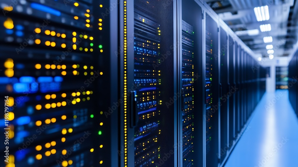 Poster Expansive Data Center Aisle with Rows of Servers and LED Blue Lights Highlighting Technology : Generative AI
