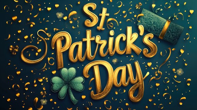 St. patrick's day celebration with shamrock and gold confetti. Saint Patrick's Day, St Paddy's Day, St Patty's Day - Irish National Holiday and Cultural Celebration