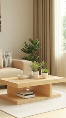 Fototapeta premium Cozy living room featuring a wooden coffee table, indoor plants, and natural light through large windows.