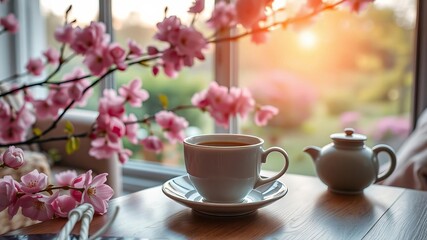 Fototapeta premium A serene living room with a steaming cup of tea on a wooden table, overlooking a garden filled with blooming pink sakura flowers, morning, pink sakura flowers