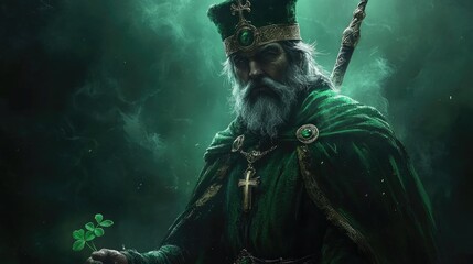Enigmatic elderly man in green with shamrock and cross amidst misty atmosphere. Saint Patrick's Day, St Paddy's Day, St Patty's Day - Irish National Holiday and Cultural Celebration