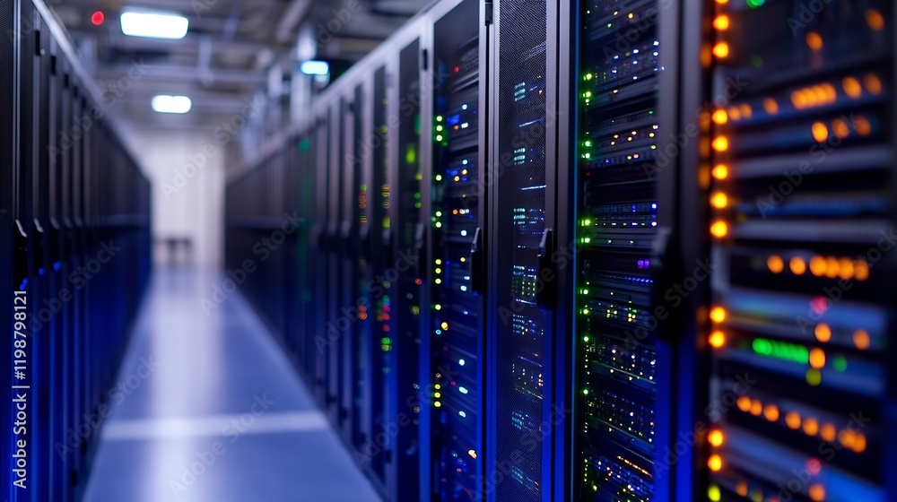 Aufkleber Data Center Aisle with Rows of Servers and LED Indicators in Blue Ambient Light : Generative AI