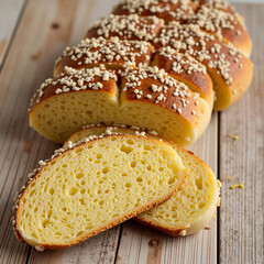 Braided Bread with Sesame Seeds on a Wooden Table