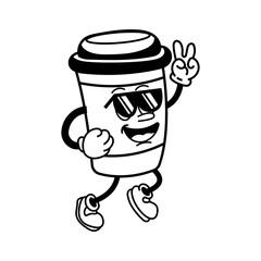 Retro coffee cup mascot vector illustration. Cute character in trendy 60s and 70s retro cartoon style.