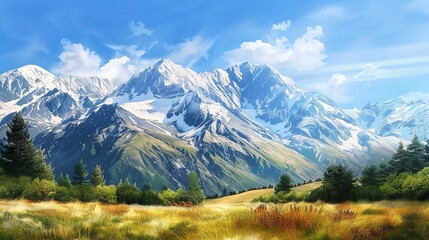 Obraz premium A wide shot of a mountain range with a grassy meadow in the foreground.