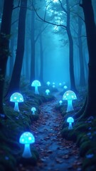 Obraz premium Enchanted Forest Path with Glowing Blue Mushrooms and Dreamy Atmosphere