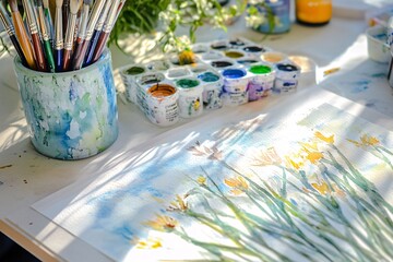 Fototapeta premium watercolor painting with brushes and paints