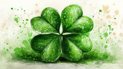 Vibrant four-leaf clover with watercolor effect and green splashes. Saint Patrick's Day, St Paddy's Day, St Patty's Day - Irish National Holiday and Cultural Celebration