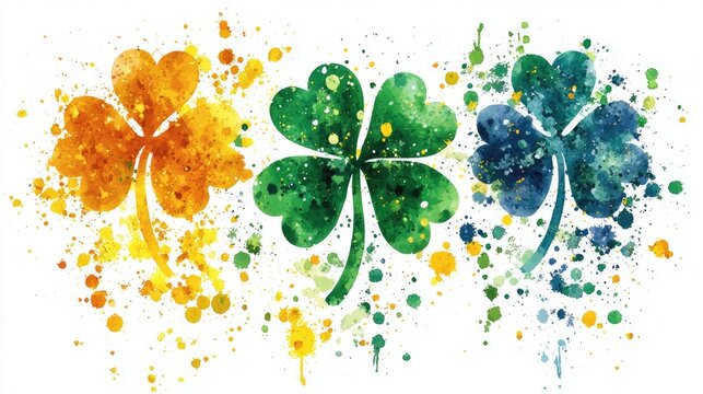 Colorful abstract paint splatter with three clover leaves in orange, green, and blue. Saint Patrick's Day, St Paddy's Day, St Patty's Day - Irish National Holiday and Cultural Celebration