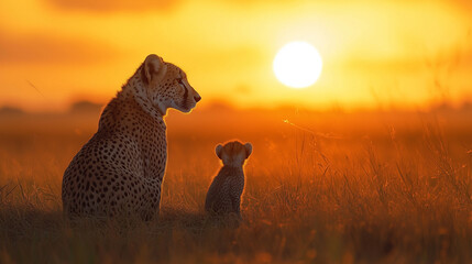 An adult cheetah interacting sweetly with a cub in a savannah at sunset, warm colors, details of animal emotions
