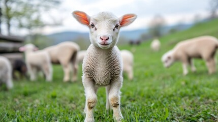 Fototapeta premium Adorable Baby Lamb Standing in a Green Pasture on a Spring Day with Other Lambs : Generative AI