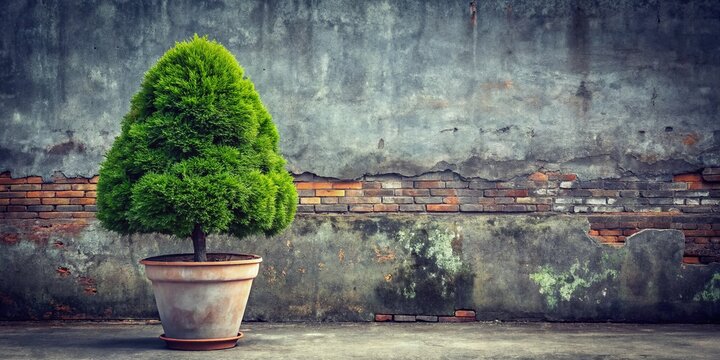 Vintage Photo: Conically Shaped Yew Tree in Concrete Pot, Brick Wall Backyard