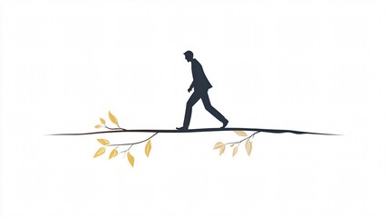 Fototapeta premium Man Walking on a Thin Branch with Golden Leaves: A Visual Metaphor for Risk, Decision-Making, and Problem-Solving in Uncertain Times
