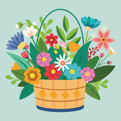 Fresh attractive cute flowers in wicker basket cartoon vector image stock clipart illustration