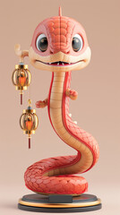 Fototapeta premium Colorful Cartoon Snake Character Chinese New Year Holding Lanterns in a Creative Pose with a Playful Expression, Perfect for Children's Designs and Illustrations