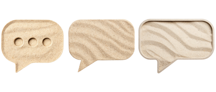 Three sand-textured speech bubbles isolated with transparent background - Powered by Adobe