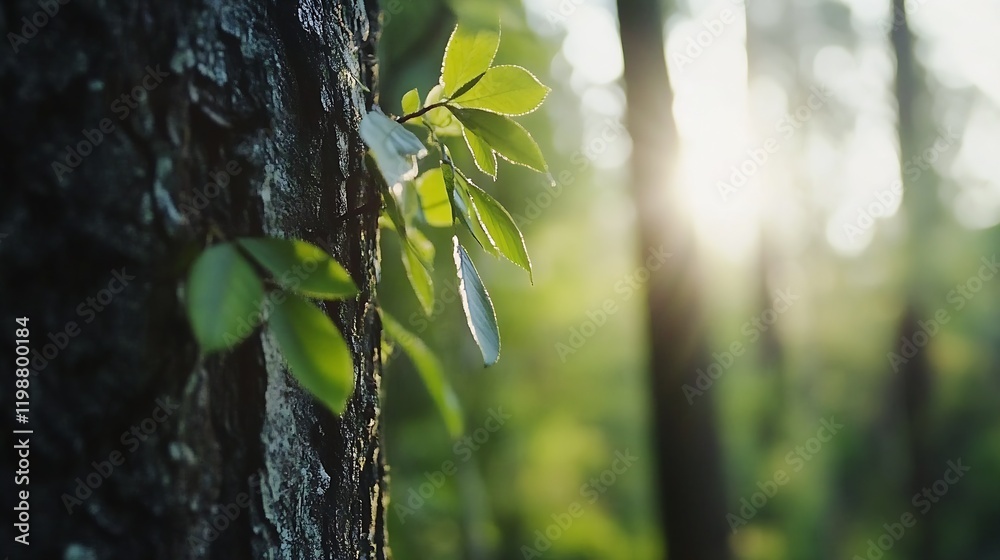 Poster vibrant sunlit leaves growing on a tree trunk in a verdant forest setting : generative ai