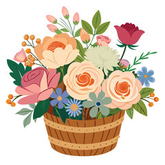 Fresh attractive cute flowers in wicker basket cartoon vector image stock clipart illustration