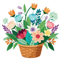 Fresh attractive cute flowers in wicker basket cartoon vector image stock clipart illustration
