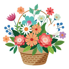 Fresh attractive cute flowers in wicker basket cartoon vector image stock clipart illustration